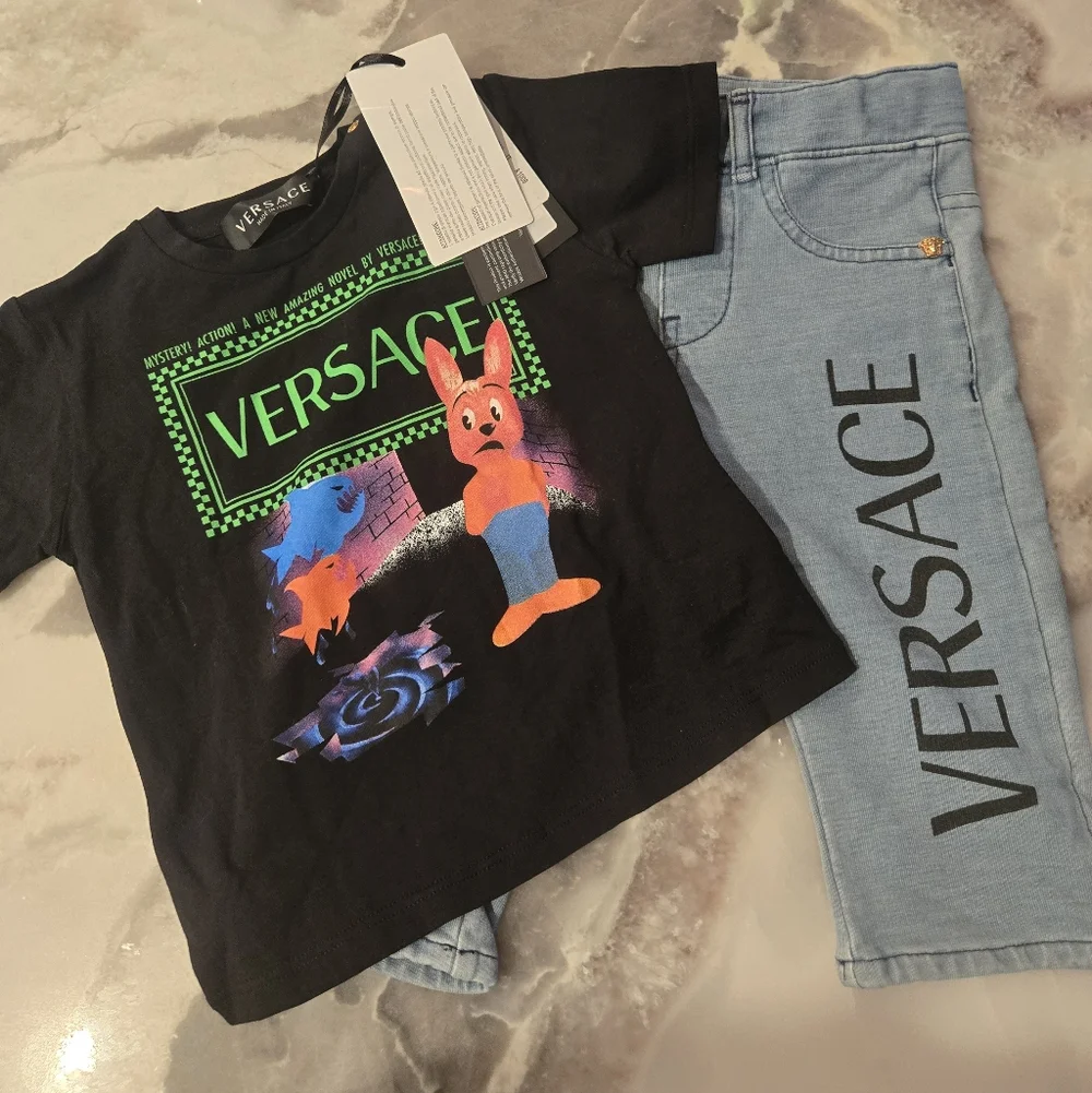 Versace Black Graphic Tee and Light Blue Logo Jeans Kids Matching Set